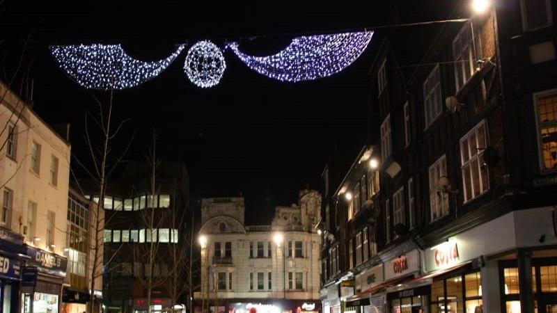 Christmas lights decoration in Bromley town centre.