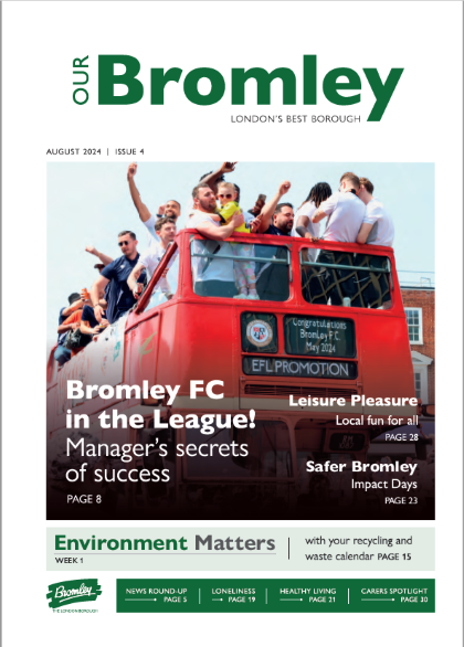 Our Bromley Magazine for August 2024. Image shows Bromley FC celebrating on a bus.