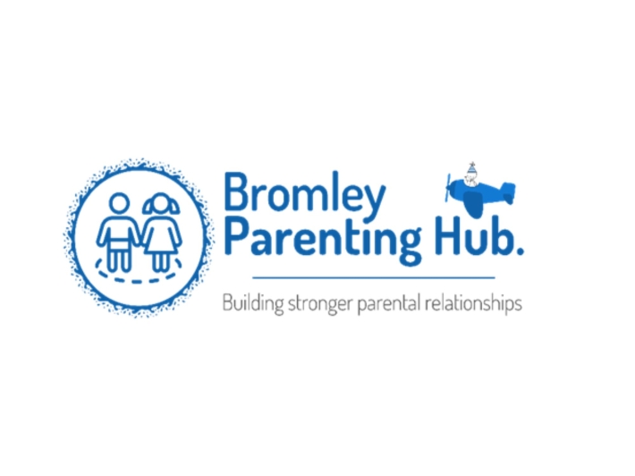 The Bromley Parenting Hub logo. An all blue design featuring an aeroplane animation on the right and on the left an outline of a boy and girl side by side inside a fuzzy blue circle with the hub&#039;s name in between both.