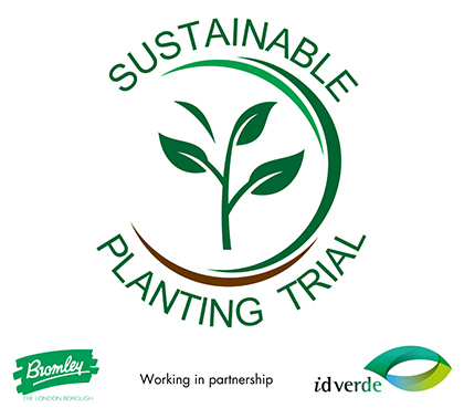 Sustainable planting trial logo. The Bromley Council logo is in the bottom left with the words 'Working in partnership' centred and the idverde logo in the bottom right.