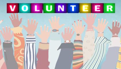 Cartoon image of raised hands underneath the words Volunteer.